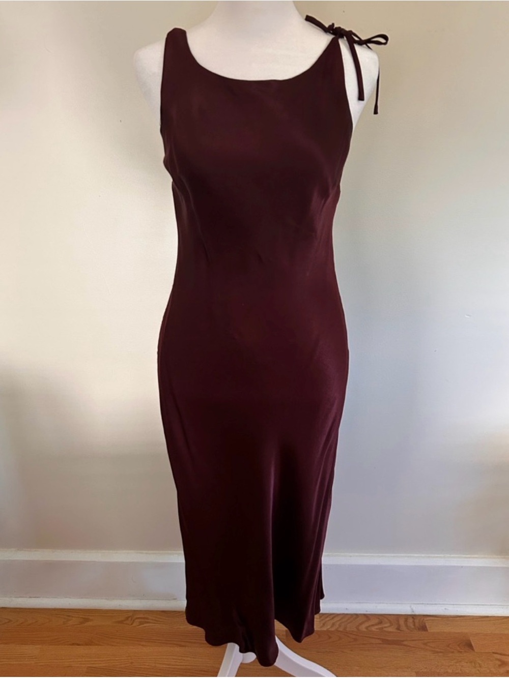 Meshki Wine-Burgundy Tie-Shoulder Midi Slip Dress